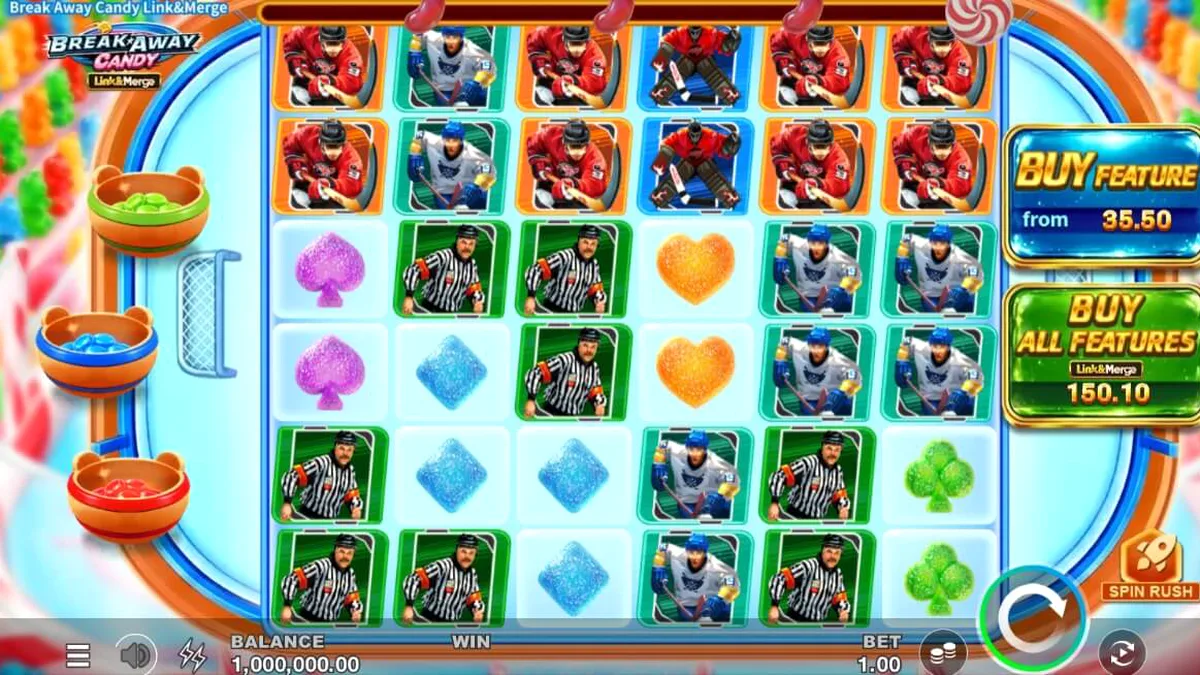 Tampilan layar slot Break Away Candy Link&Merge di perangkat seluler, menunjukkan gulungan permainan yang penuh warna dengan tema permen dan hoki.