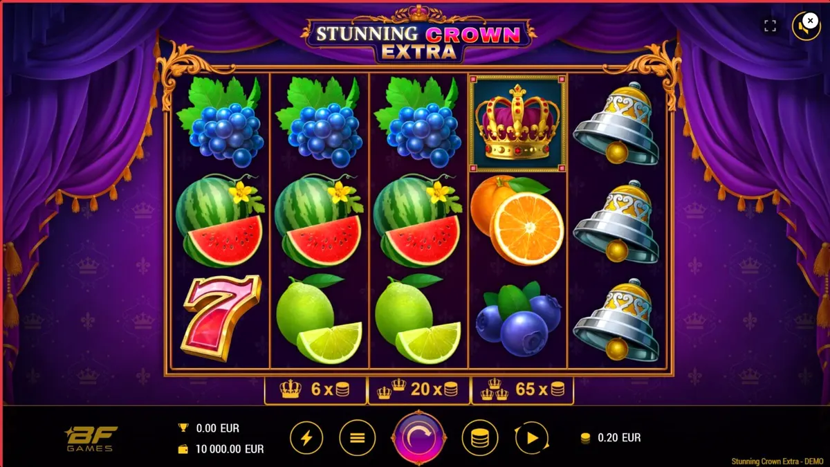 Tampilan visual mewah dari slot Stunning Crown Extra dengan simbol mahkota dan permata