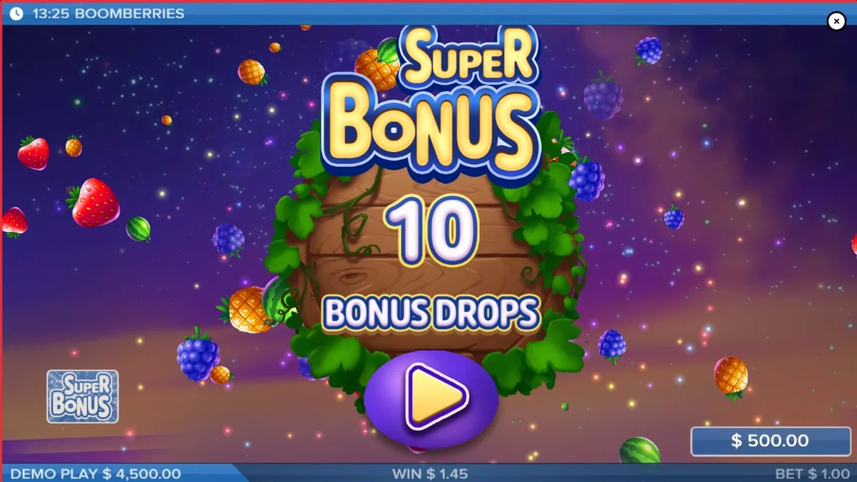 Tampilan visual slot Boomberries dengan latar desa dongeng yang penuh buah-buahan.